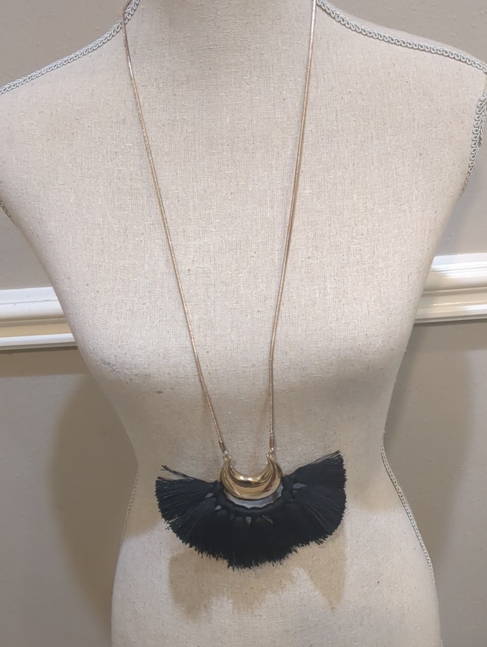 Inc Gold-Tone Necklace with Black Fan Tassel Pendant